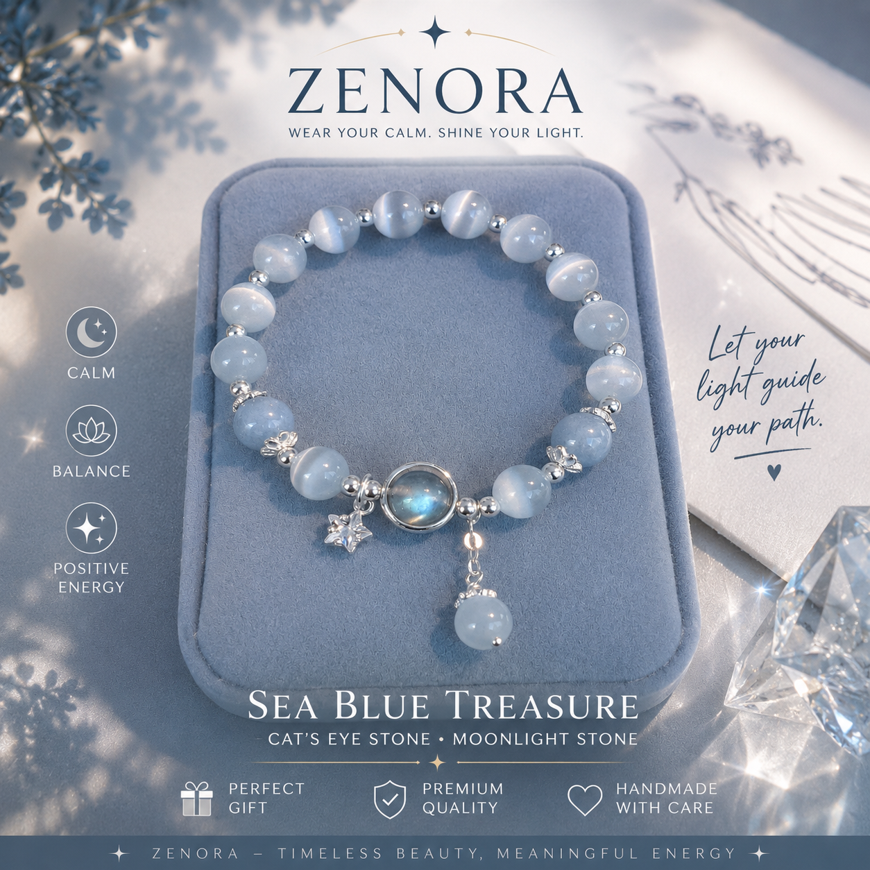 Zenora Sea Blue Treasure Bracelet – Cat’s Eye & Moonlight Stone