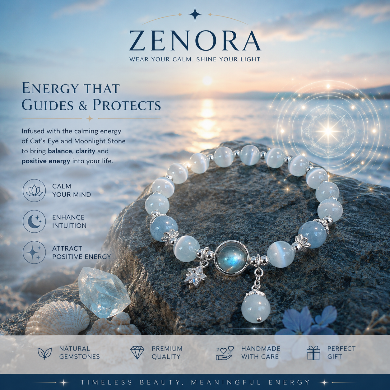 Zenora Sea Blue Treasure Bracelet – Cat’s Eye & Moonlight Stone