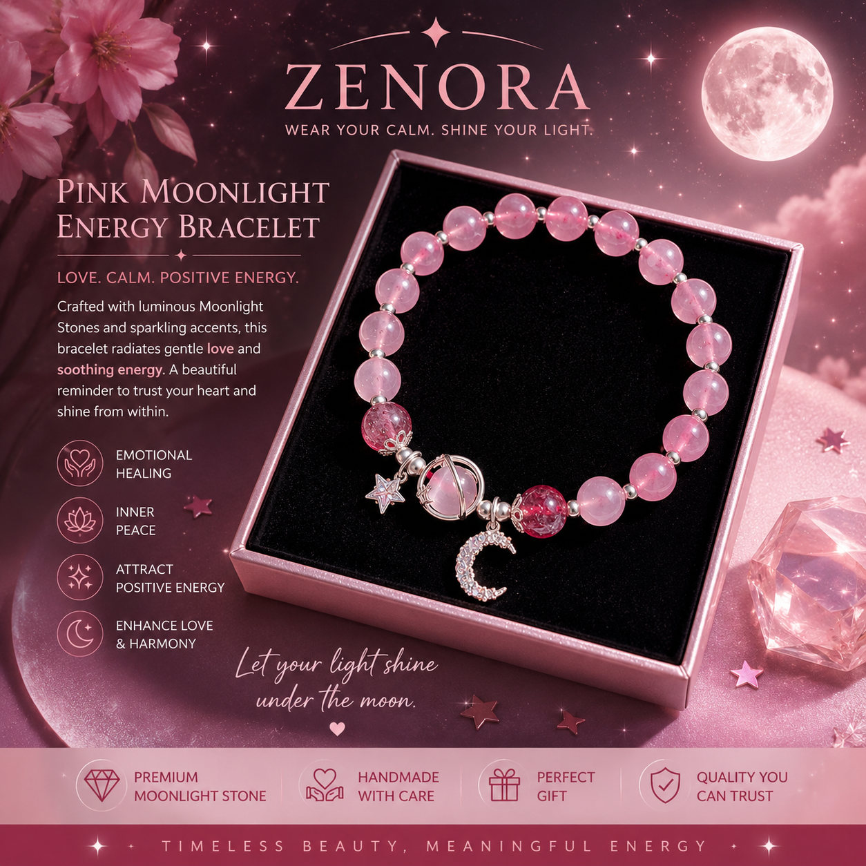 Zenora Pink Moonlight Energy Bracelet – Moon & Star Edition