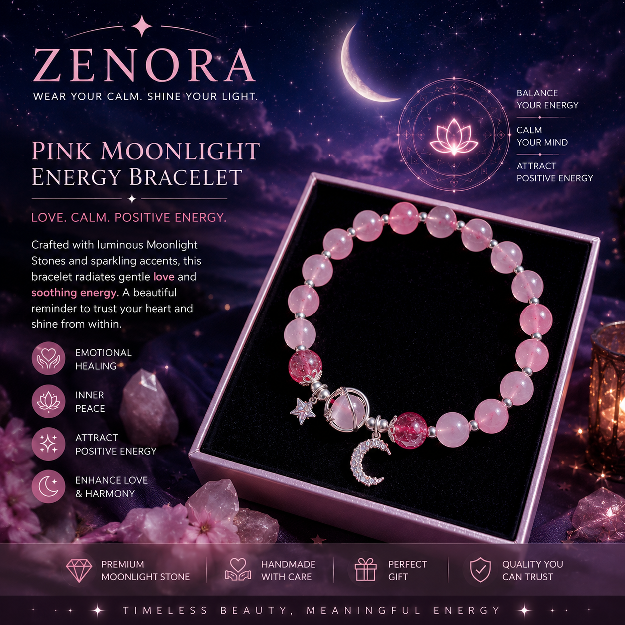Zenora Pink Moonlight Energy Bracelet – Moon & Star Edition