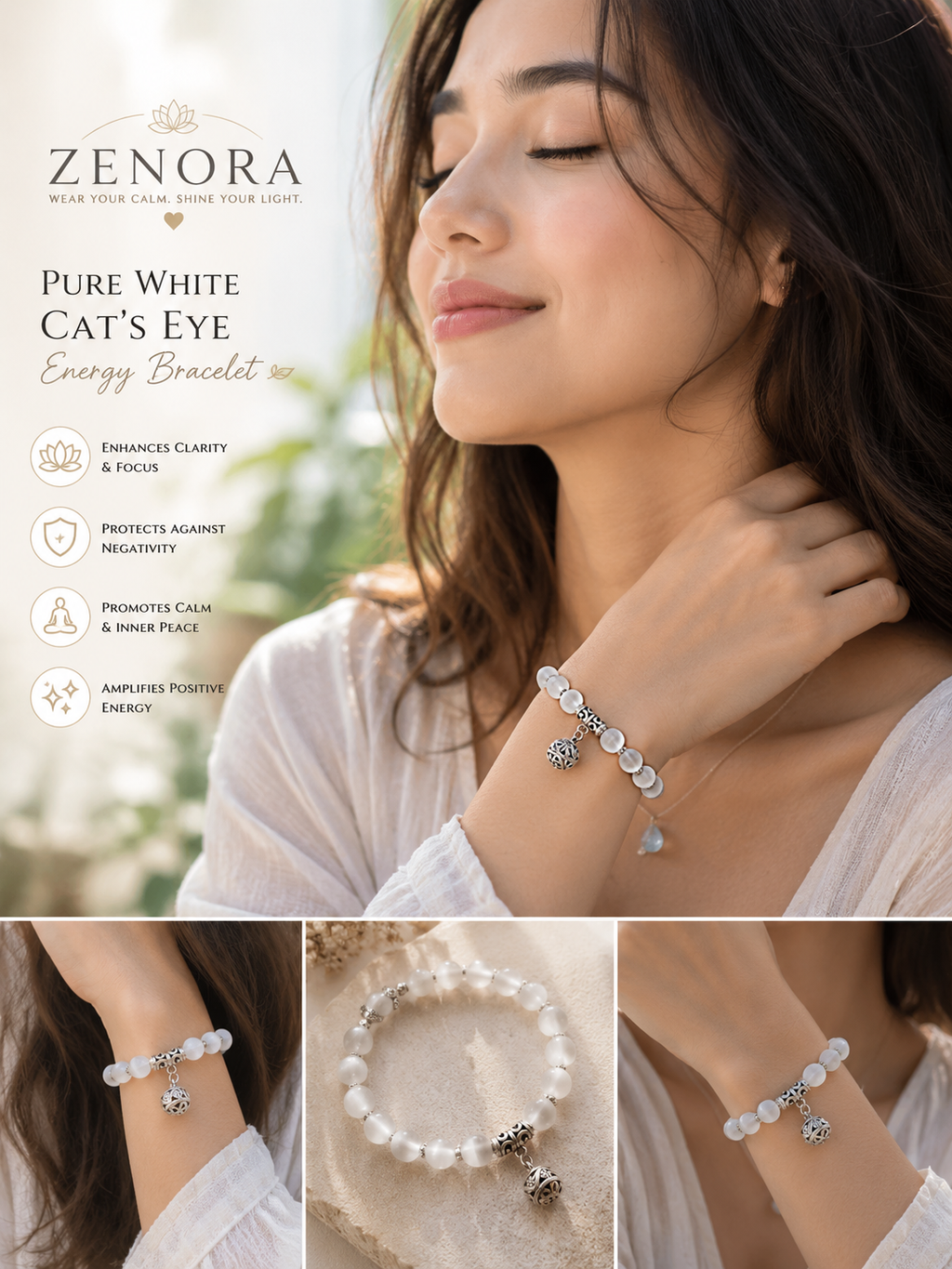 Zenora Pure White Cat’s Eye  Bracelet – Serenity Protection Edition