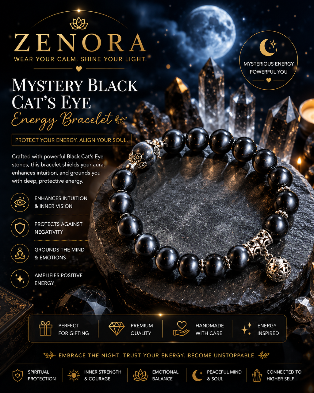 Zenora Mystery Black Cat’s Eye Energy Bracelet – Protection & Inner Strength Edition