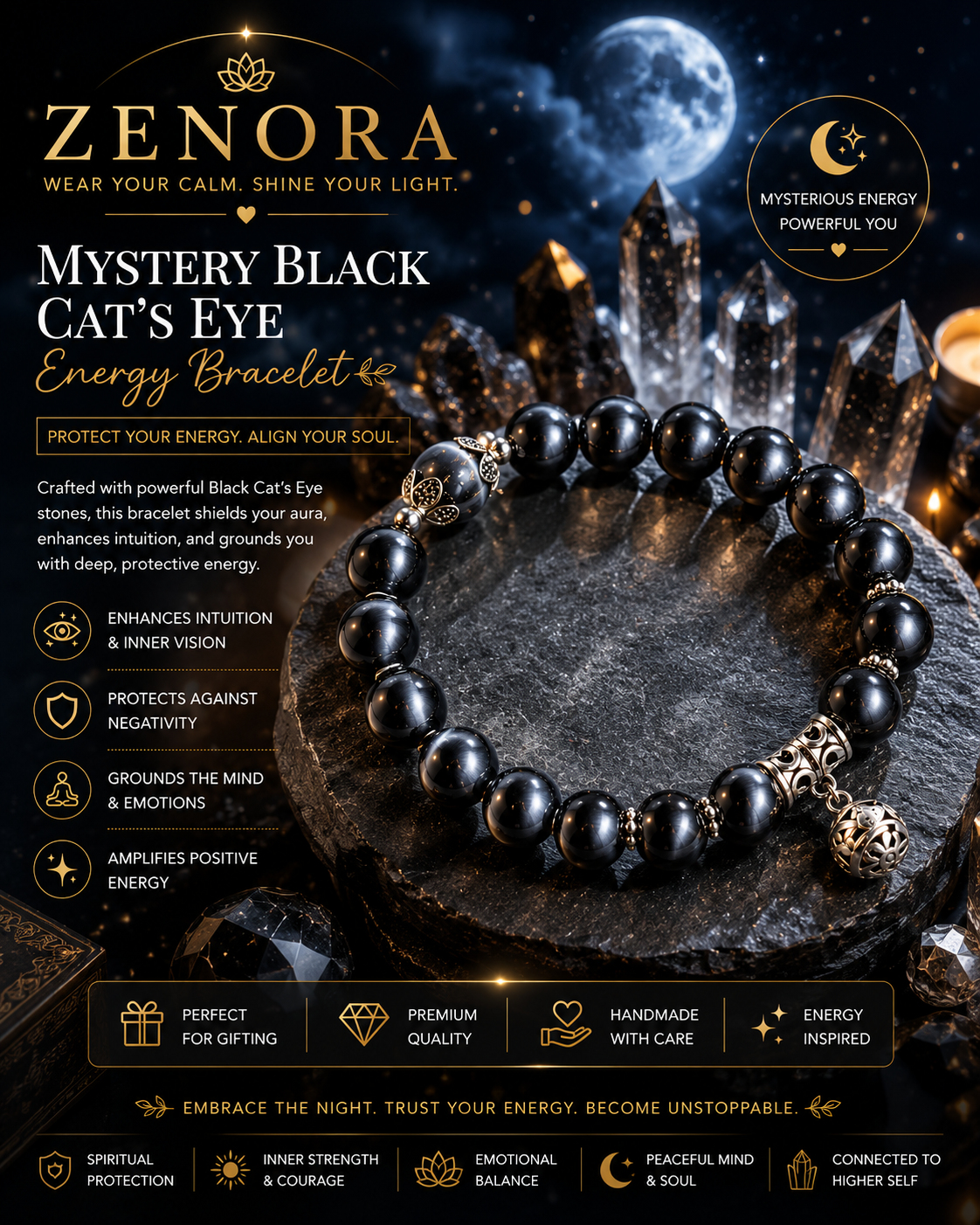 Zenora Mystery Black Cat’s Eye Energy Bracelet – Protection & Inner Strength Edition