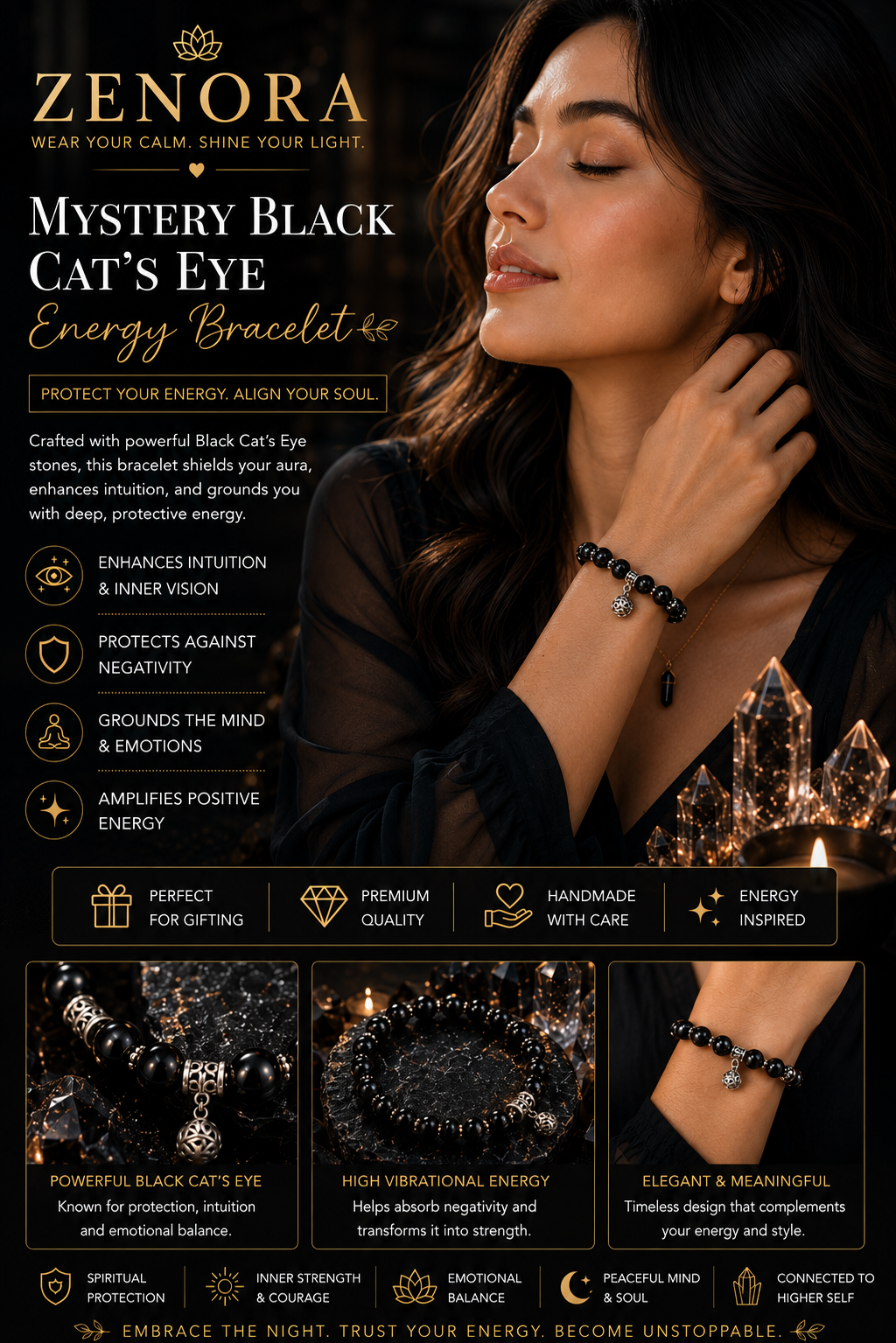 Zenora Mystery Black Cat’s Eye Energy Bracelet – Protection & Inner Strength Edition