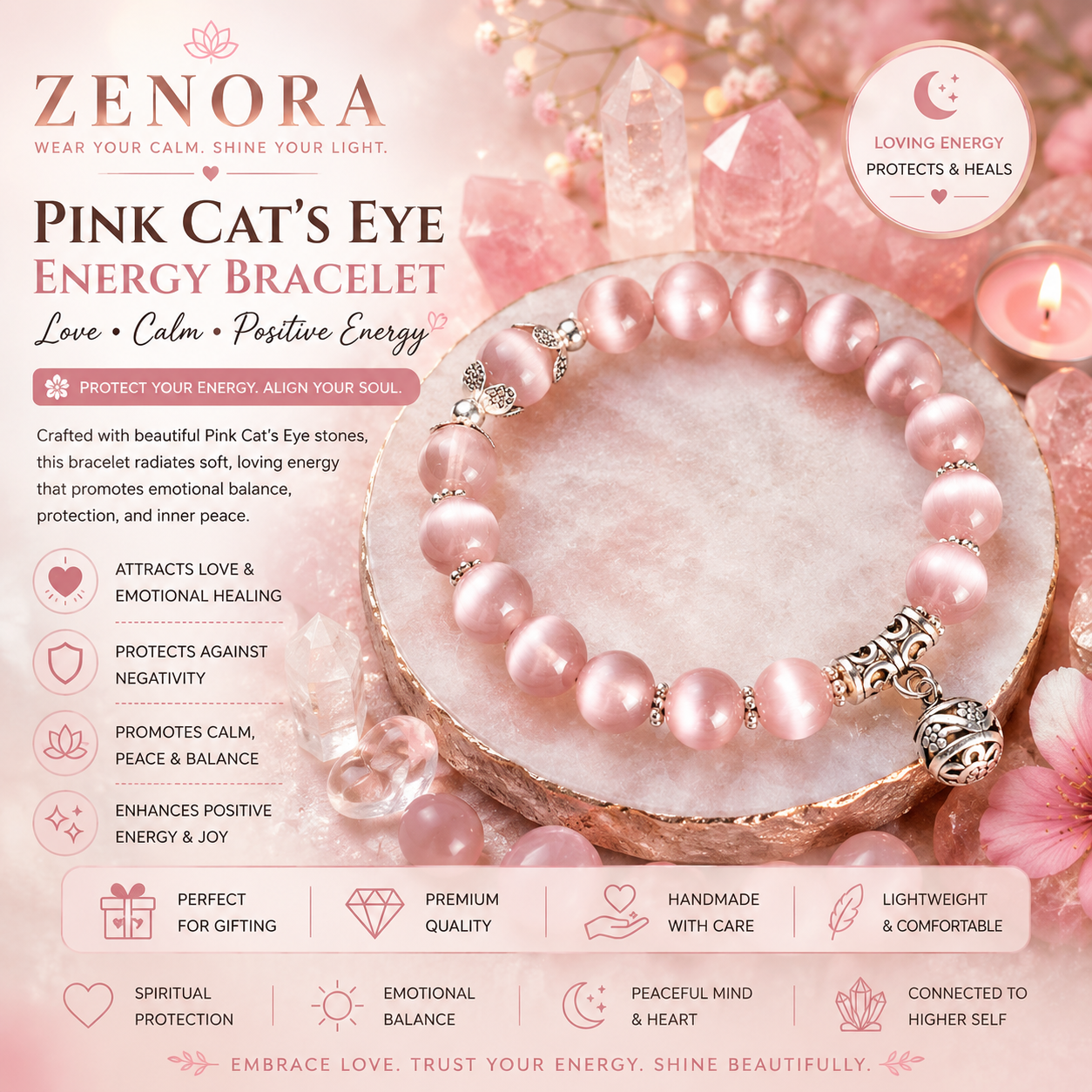 Zenora Pink Cat’s Eye Energy Bracelet – Love & Positive Energy Edition