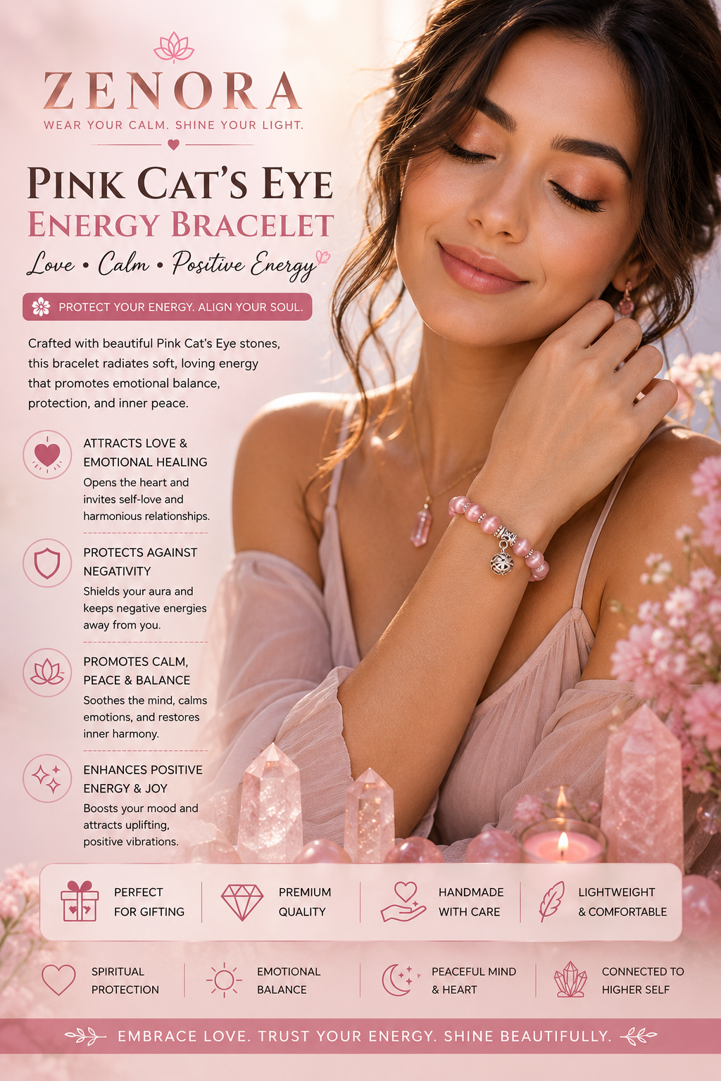 Zenora Pink Cat’s Eye Energy Bracelet – Love & Positive Energy Edition
