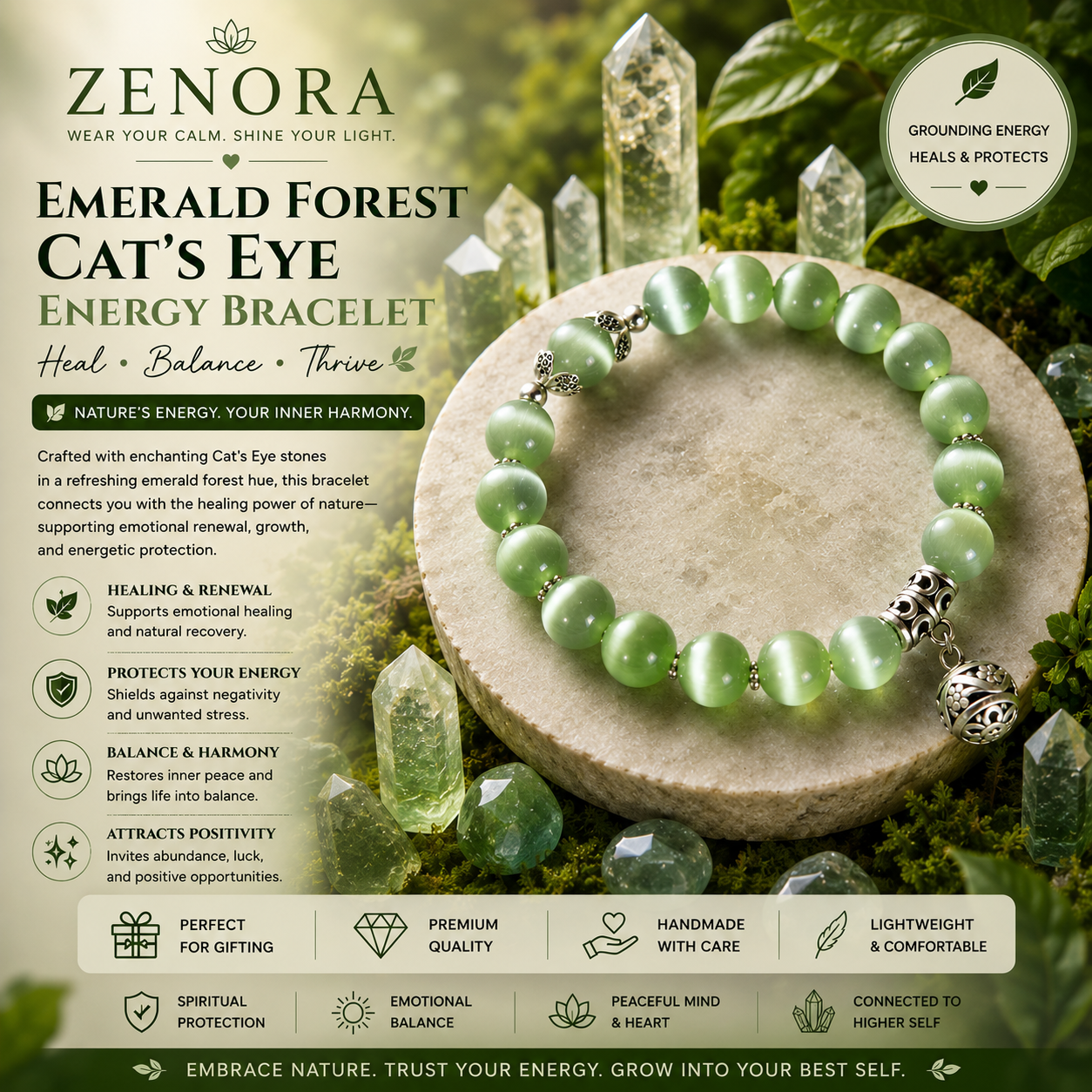 Zenora Emerald Forest Cat’s Eye Energy Bracelet – Healing & Harmony Edition