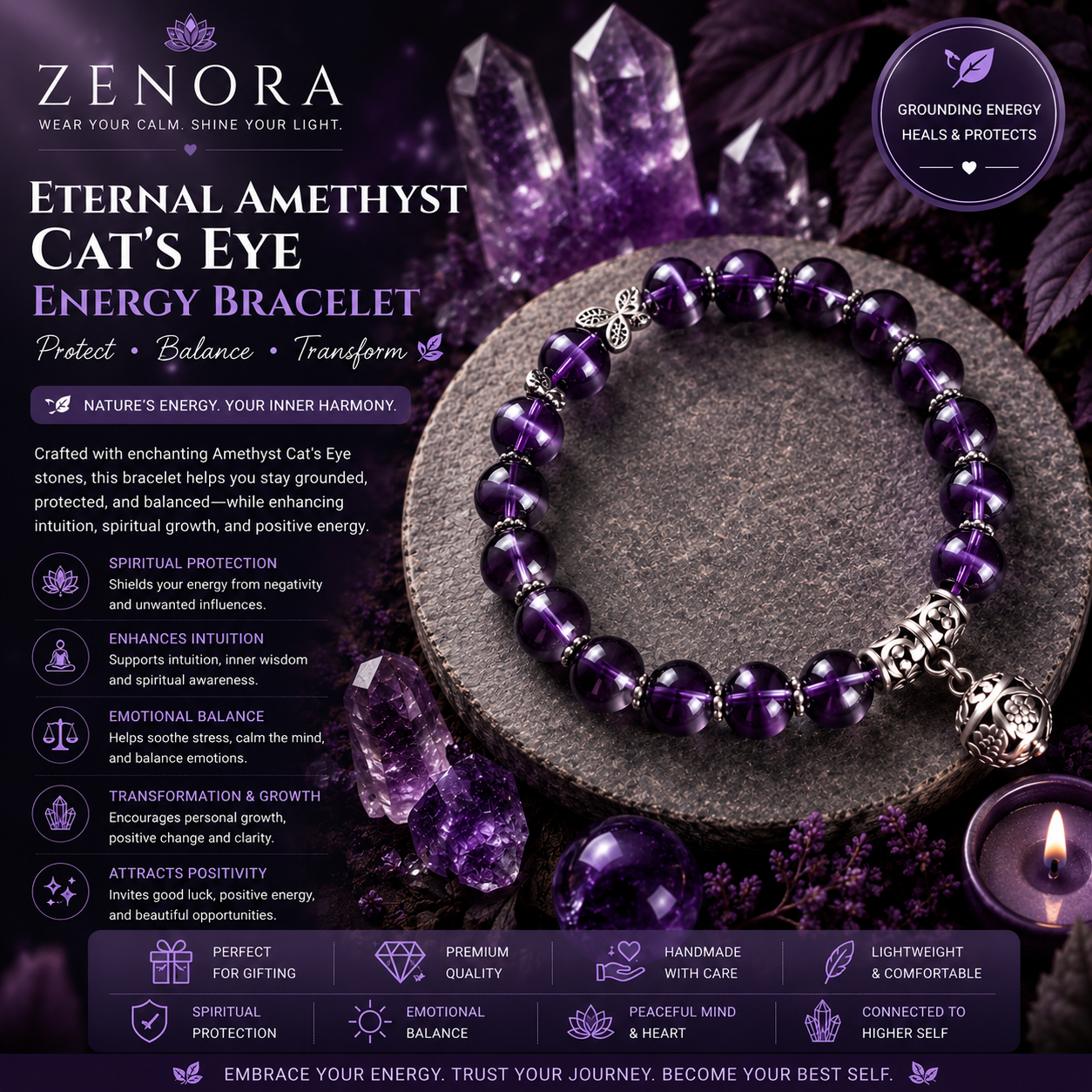 Zenora Eternal Amethyst Cat’s Eye Energy Bracelet – Spiritual Protection Edition