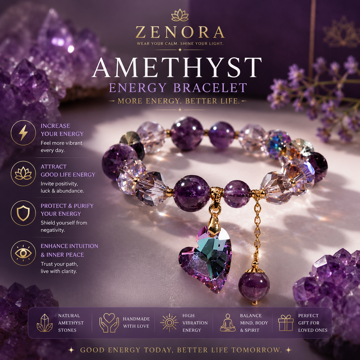 Zenora Amethyst Aura Heart Energy Bracelet – Love & Positive Energy Edition