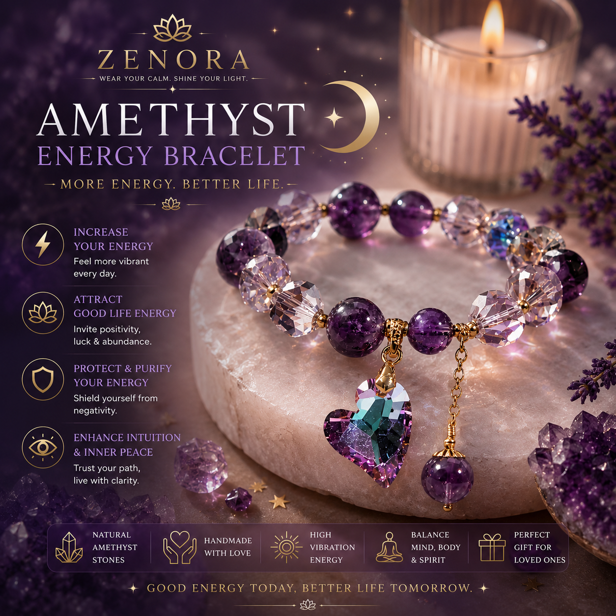 Zenora Amethyst Aura Heart Energy Bracelet – Love & Positive Energy Edition